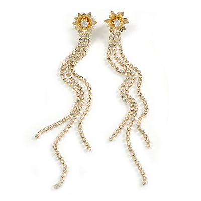 Long Crystal Chains with Flower Dangle Earrings in Gold Tone - 11cm L - main view