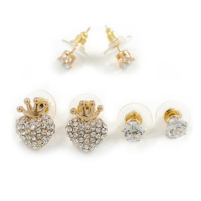 Set of 3 Stud Earrings in Gold Tone Crystal Heart/6mm/4mm Round Clear Crystal Bead