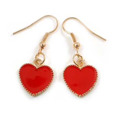 Small Red Enamel Heart Drop Earrings in Gold Tone - 35mm Long - main view