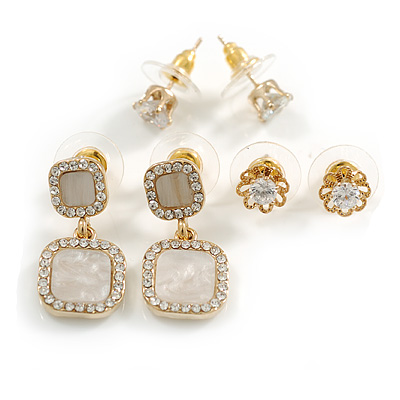 Set of 3 Stud Earrings in Gold Tone Square/Flower/7mm Round Clear Crystal Bead