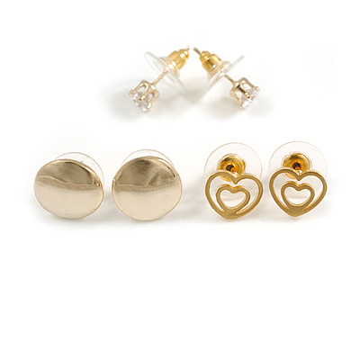 Set of 3 Stud Earrings in Gold Tone Heart/Button/4mm Round Clear Crystal Bead