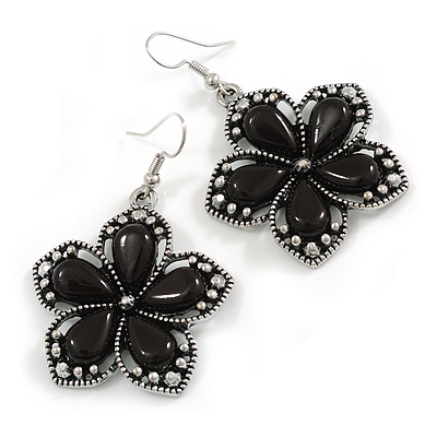 Aged Silver Tone Black Ceramic Bead Flower Drop Earrings - 50mm L