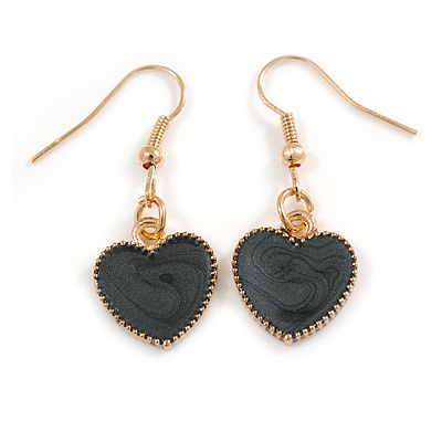 Small Black Enamel Heart Drop Earrings in Gold Tone - 35mm Long - main view