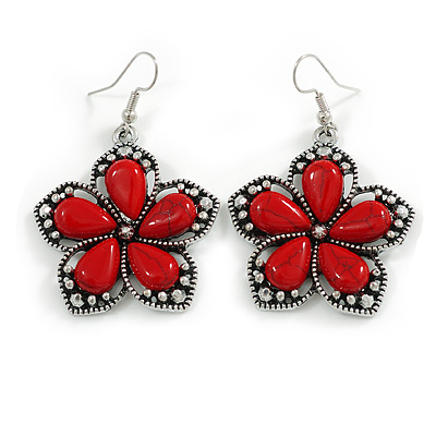 Aged Silver Tone Red Ceramic Bead Flower Drop Earrings - 50mm L - main view