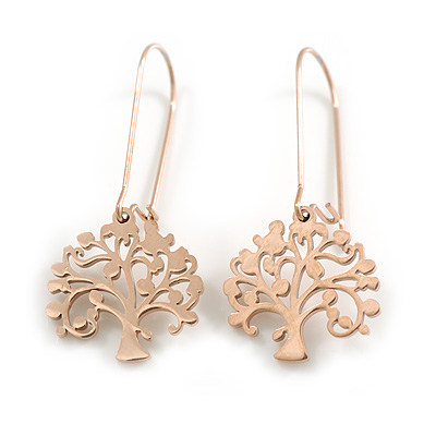 Tree of Life Drop Earrings with Kidney Wire Hooks in Rose Gold Tone - 40mm Long
