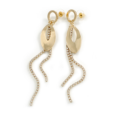 Crystal Chains and Leaf Dangle Long Earrings in Gold Tone - 10.5cm Long - main view