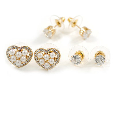 Set of 3 Stud Earrings in Gold Tone Crystal Pearl Heart/5mm/7mm Round Clear Crystal Bead
