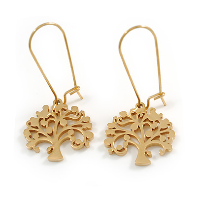 Tree of Life Drop Earrings with Kidney Wire Hooks in Gold Tone - 40mm Long