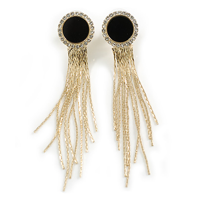 Gold Tone Fringe Dangle Earrings with Crystal Black Disk - 75mm L - main view