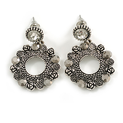 Vintage Inspired Textured Circles with Hematite Crystals Drop Earrings in Aged Silver Tone - 35mm L - main view