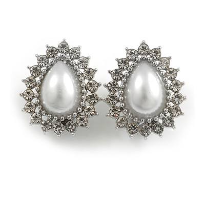 Clear Crystal White Faux Pearl Teadrop Clip On Earrings in Silver Tone - 25mm L - main view