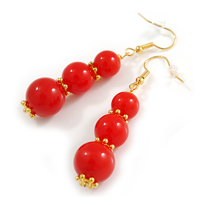 Graduated Red Acrylic Bead Drop Earrings in Gold Tone - 60mm Long - main view