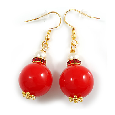 Red Acrylic/ White Pearl Bead with Red Crystal Ring Drop Earrings in Gold Tone - 50mm L - main view