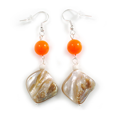 Natural Shell with Neon Orange Acrylic Bead Drop Earrings - 60mm L - main view