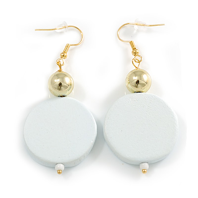 25mm White Wood Coin Shaped Drop Earrings in Gold Tone - 55mm Long