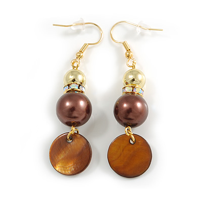 Brown/Gold Glass and Shell Bead with AB Crystal Ring Drop Earrings in Gold Tone - 60mm Long - main view