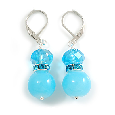 Light Blue Glass Bead with Blue Crystal Ring Drop Earrings in Silver Tone - 40mm Long