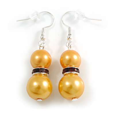 Yellow Gold Brown Crystal Double Bead Drop Earrings in Gold Tone - 45mm Long - main view