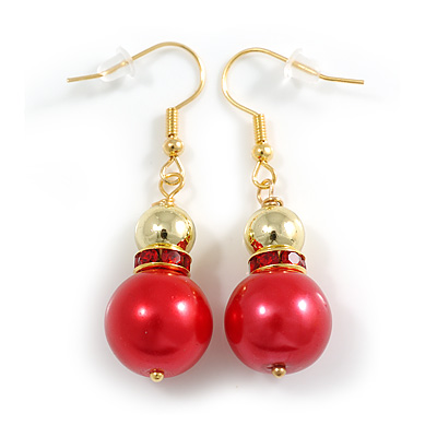 Red Glass/ Gold Acrylic Bead with Red Crystal Ring Drop Earrings in Gold Tone - 50mm L - main view
