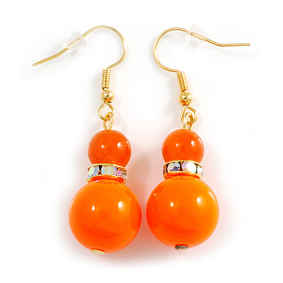 Neon Orange/ Rusty Orange Acrylic/ Glass Bead with Ab Crystal Ring Drop Earrings in Gold Tone - 45mm L - main view
