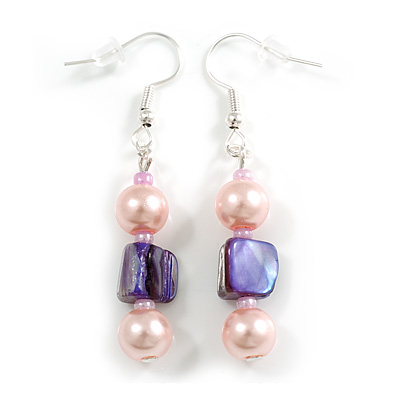 Pale Pink/Purple Glass and Shell Bead Drop Earrings with Silver Tone Closure - 6cm Long - main view