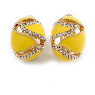 Oval Banana Yellow Enamel Clear Crystal Clip On Earrings In Gold Plating - 20mm L - main view