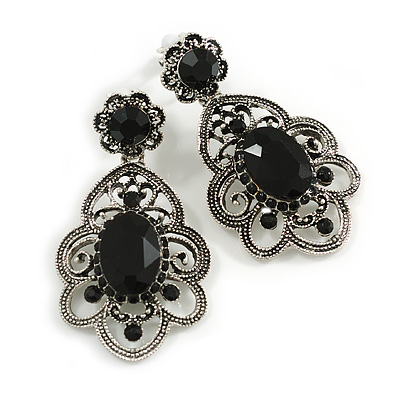 Victorian Style Filigree Black Crystal Clip On Earrings in Aged Silver Tone - 45mm L - main view