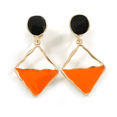 Orange/Black Enamel Geometric Clip On Earrings in Gold Tone - 45mm L - main view