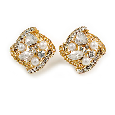 Square Clear Crystal White Faux Peal Clip On Earrings In Gold Tone - 20mm Tall - main view