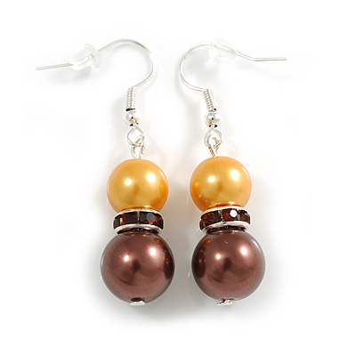Graduated Yellow/ Brown Glass Bead with Brown Crystal Ring Drop Earrings - 45mm L