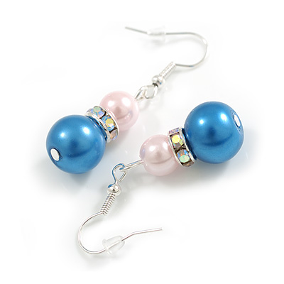 Pale Pink/Blue Glass Bead with AB Crystal Ring Drop Earrings in Silver Tone - 45mm Drop - main view