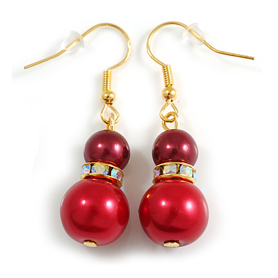 Burgundy/Red AB Crystal Double Bead Drop Earrings in Gold Tone - 40mm Long