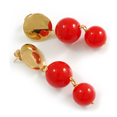 Red Acrylic Bead Gold Tone Disk Drop Earrings - 50mm L - main view