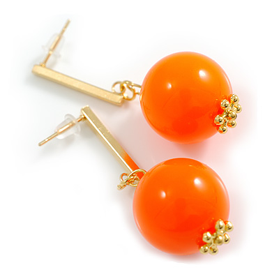 Neon Orange Acrylic Bead Slim Bar Drop Earrings in Gold Tone - 45mm Long