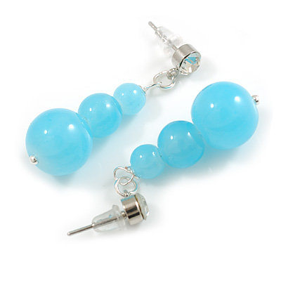 Graduated Light Blue Glass Bead Drop Earrings - 40mm Long