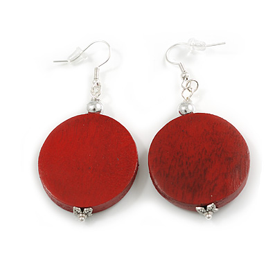 30mm Antique Red Coin Shape Drop Earrings in Silver Tone - 60mm Long