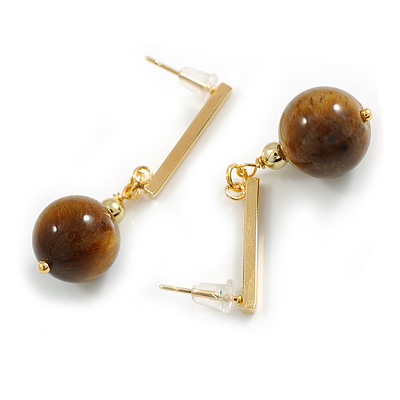 12mm Tiger Eye Round Stone with Gold Tone Bar Drop Earrings - 40mm Long