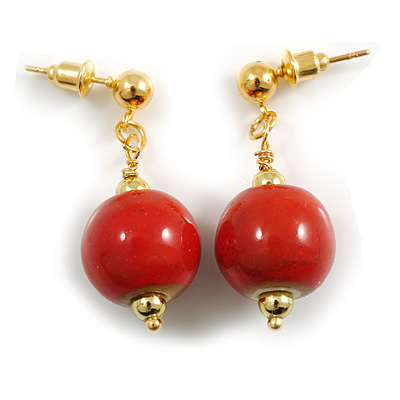 15mm Red Ceramic Bead Drop Earrings in Gold Tone - 30mm L - main view