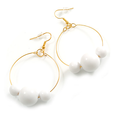Gold Tone White Acrylic Bead Oval Hoop Earrings - 65mm Long