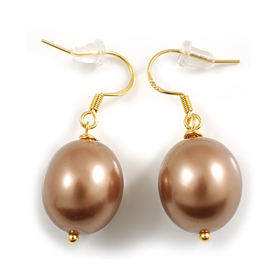 Oval Shaped Bronze Brown Lustrous Glass Pearl Drop Earrings with 925 Sterling Silver/Gold Fish Hook Closure/ 40mm Long