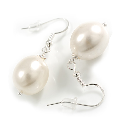 Oval Shaped White Lustrous Glass Pearl Drop Earrings with 925 Sterling Silver Fish Hook Closure/ 40mm Long - main view