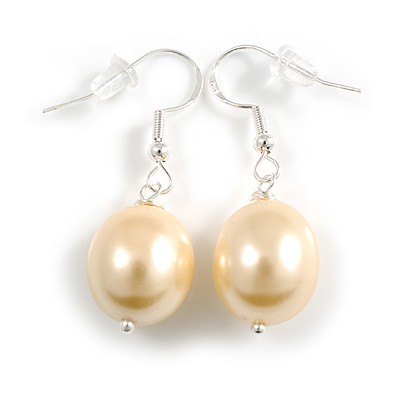 Oval Shaped Daffodil Yellow Lustrous Glass Pearl Drop Earrings with 925 Sterling Silver Fish Hook Closure/ 40mm Long - main view