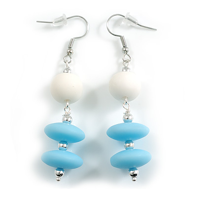 White/ Light Blue Acrylic Bead Drop Earrings - 65mm Long - main view