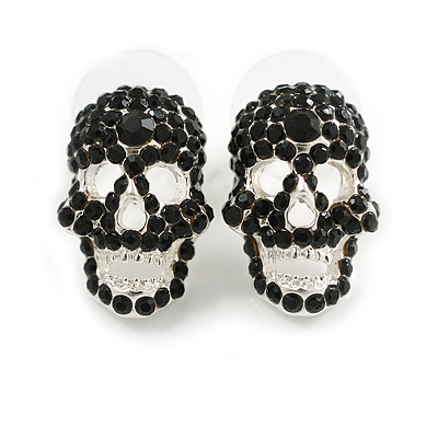 Black Crystal Skull Stud Earrings In Silver Tone - 20mm Tall