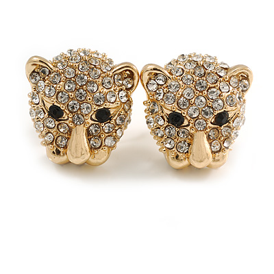 Clear Crystal Tiger Head Stud Earrings In Gold Plating - 17mm L - main view