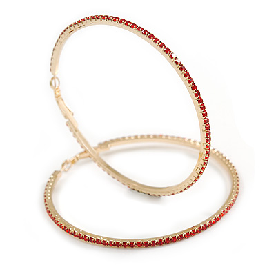 Oversized Slim Red Crystal Hoop Earrings In Gold Tone - 75mm Diameter - main view