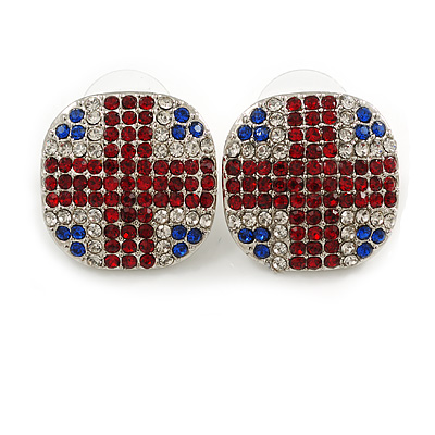 Union Jack Red/Blue/Clear Crystal Square Stud Earrings in Silver Tone - 20mm Tall - main view
