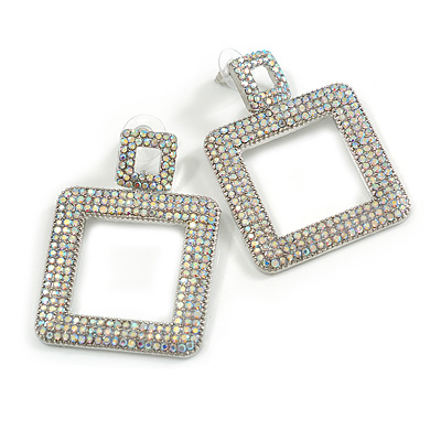 Large AB Crystal Square Drop Earrings in Silver Tone - 55mm Long