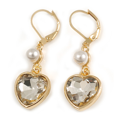 Clear Crystal Heart Drop Earrings In Gold Tone Metal with Leverback Closure - 40mm L - main view