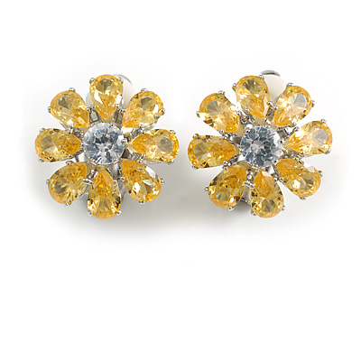 Yellow Citrine/Clear Cz Flower Clip On Earrings in Silver Tone - 17mm Diameter - main view